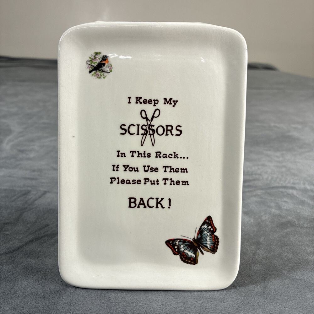 Vtg Ceramic Wall Pocket Scissors Holder Bird and Butterfly Design 6.5"x 4.5" FS